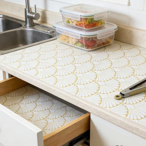Shelf Liners Non Adhesive Gold Background White Fan-Shaped Pattern - Image 2