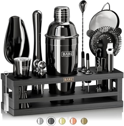 BARE BARREL® Mixology Bartender Kit Bar Set | 16-Piece Cocktail Shaker Set | Martini Barware Mixing Tools for Home Bartending | Incl. 35 Recipe Cards | Gift Set (24oz Cobbler Shaker, Jet Black/Black) by BareBarrel