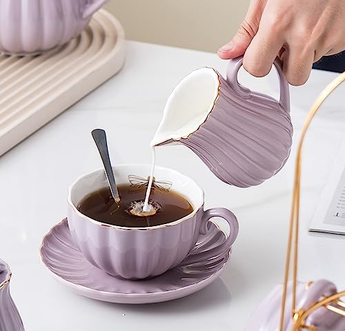 CLAY TONIC-8 OZ Porcelain Purple Coffee/Teacup and Saucer Set with Holder - Image 7