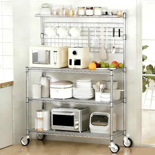 Bakers Rack with Storage & Wheels, 42In Microwave Stand Kitchen Shelves by Leteuke