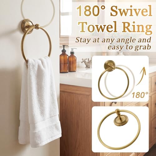 4 Pcs Antique Brass Gold Bathroom Accessories Set Wall-Mounted Towel Rack & Towel Ring & Toilet Paper Holder & Robe Hook, Wall Mounted Brass Vintage Bath Hardware Fixture Set(Style 5) - Image 3