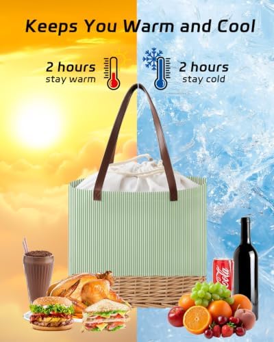 Insulated Picnic Basket, Foldable Shopping Hamper, Green - Image 3