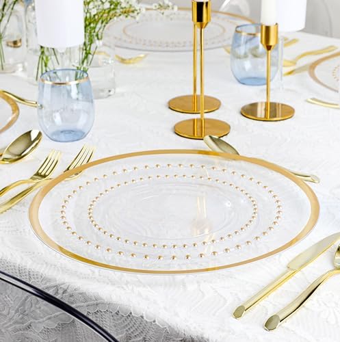 PLASTICPRO 64 Piece Combo Plastic Dinner Plates Disposable Plastic Fancy Heavy Duty Party Dishes 7 inch and 10 inch, Clear and Gold Beaded - Image 3