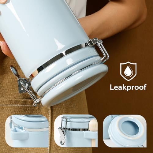 4 Piece Airtight Ceramic Canister Set With Attached Wooden Spoon Reusable Chalk Labels For Dry Goods Sugar Coffee Tea Kitchen Storage Use (LightBlue) - Image 6