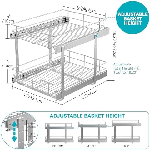 2 Tier Pull Out Cabinet Organizer 18" W X 22" D, Chromed, Full Slide Out - Image 2