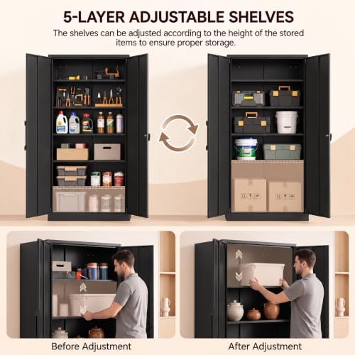 KAER Metal Storage Cabinet with Lock, 72" Steel Lockable Garage Storage Cabinet with 2 Doors & 5 Adjustable Shelves, Black Freestanding Tool Storage Cabinet for Garage, Home Office, Warehouse, Kitchen - Image 4