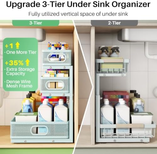 Under Sink Organizer, 1-Pack 3-Tier Height Adjustable Thickened Metal Pull out Cabinet Organizer Shelf, Slide out Storage Drawer Rack for Bathroom Kitchen Pantry Home Organization, LightBlue - Image 3