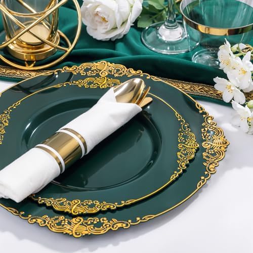 Nervure 350Pcs Green Plastic Plates, Plastic Dinnerware Set for 50 Guests - Image 2