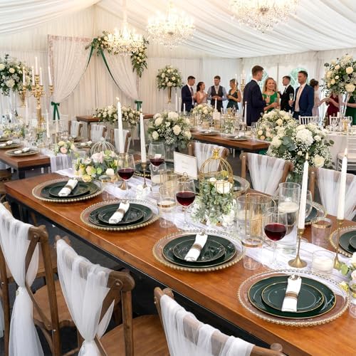 KIRE 175PCS Green Plastic Plates with Gold Rim - Heavy Duty Green Plates Disposable Include 50 Fancy Plastic Plate, 25Pre Rolled Napkins 25 Cups For Party/Wedding/Christmas - Image 3