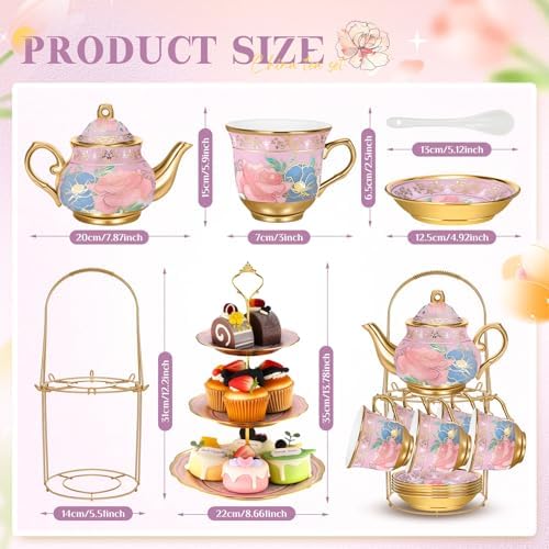 21 Pcs Porcelain Tea Set with 3 Tier Dessert Stand, Purple, Delicate - Image 2
