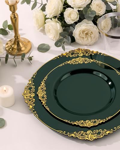 Morejoy 350 PCS Green Plastic Plates,Green Gold Plastic Dinnerware Sets - Image 6