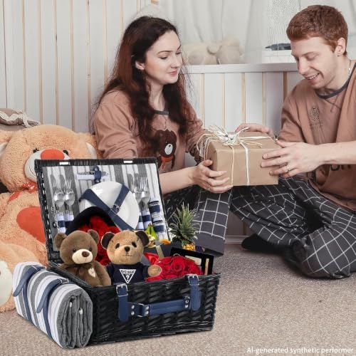 Wicker Picnic Basket for 4 with Blanket Grey & White Stripe - Image 5