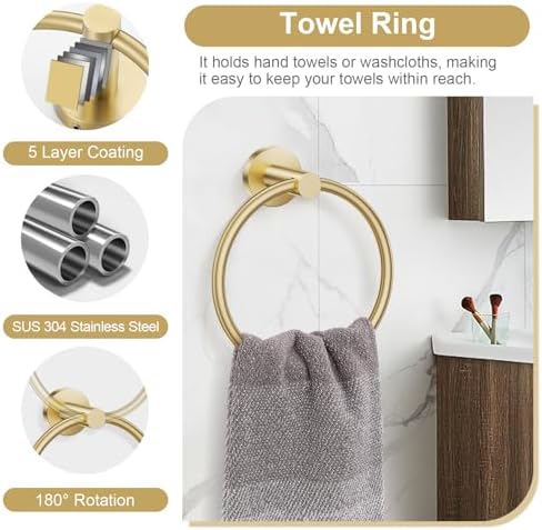 Lairuier Bathroom Hardware Set Brushed Gold, Towel Holder Set Wall Mounted - Image 3