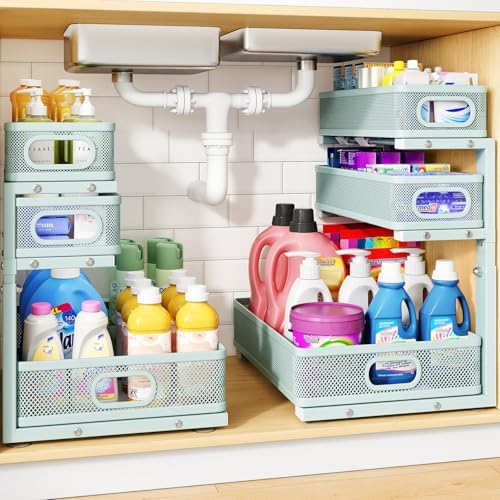 Under Sink Organizer, 3-Tier Thickened Metal Pull out Cabinet Organizer Shelf, Height Adjustable Slide out Storage Drawer Rack for Kitchen Bathroom Pantry Laundry Home, 2-Pack, LightBlue by HERJOY