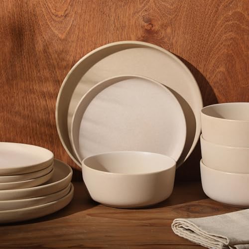 Gibson Elite Pasco 12 Piece (Service for 4) Plates and Bowls Reactive Glaze Dishes Stoneware Ceramic Dinnerware Set - Taupe - Image 7