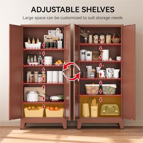 COFaR 71" Metal Pantry Cabinet in Brown, 5-Tier Storage with Adjustable Shelves, Metal-Tone Cupboard for Kitchen, Office & Living Room Organization - Image 4
