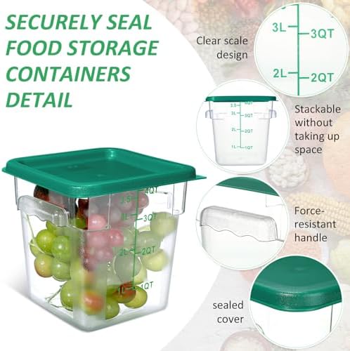 Yungyan 12 Pcs 4 Qt Commercial Food Storage Containers with Lids Restaurant Square Airtight Food Storage Containers Clear Cereal Containers for Kitchen Freezer Dishwasher Pantry(Green Lid) - Image 3