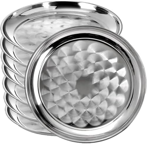 8 Pack Stainless Steel Round Silver Serving Tray Bulk, 16 Inch by Acellegic