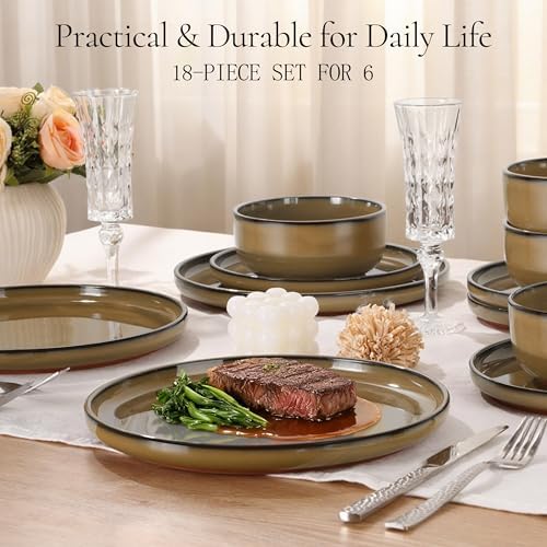 E-far Stoneware Dinnerware Sets for 6, 18 Pieces Reactive Glaze Plates and Bowls Sets, Elegant Dishes with Rustic Terracotta Clay Base, Dishwasher & Microwave Safe, Scratch Resistant, Deep Camel - Image 5
