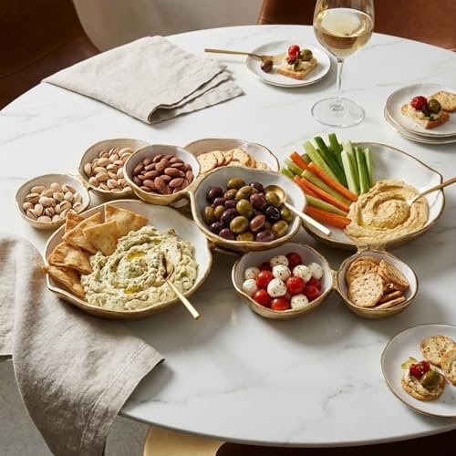 Cluster of 9 Round Serving Bowls Enamel Clusters Decorative Elegant Snack Tray for Olives, Chip & Dip, Nuts, Appetizers & Entertaining Strong Brass & Enamel Home Decor Gifts, Parties & Weddings 22" - Image 6