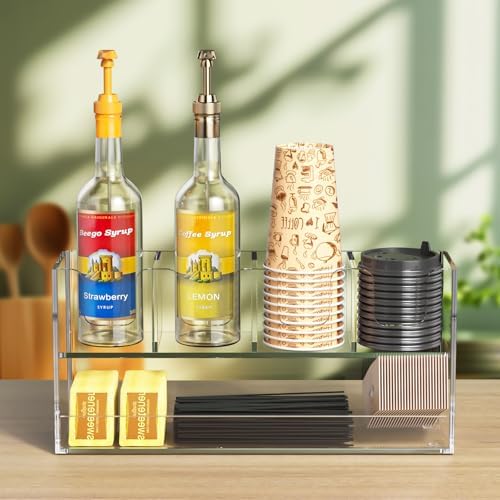 Beego 5-Compartment Cup Holder for Countertop - 2-Tier Clear Acrylic Cup Dispenser Coffee Station Paper Cup and Lid Organizer Condiment Storage for Restaurant Breakroom Kitchen Bar Accessories - Image 6