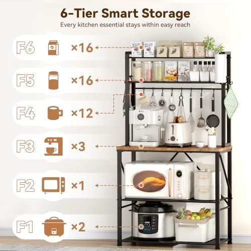 YASONIC Coffee Bar, Bakers Rack with Storage, 25.6 Inches Microwave Stand, 5 Tier Kitchen Shelves Appliance Storage, 12 S Hooks Large Coffee Station for Spices, Pots and Pans, Rustic Brown - Image 4