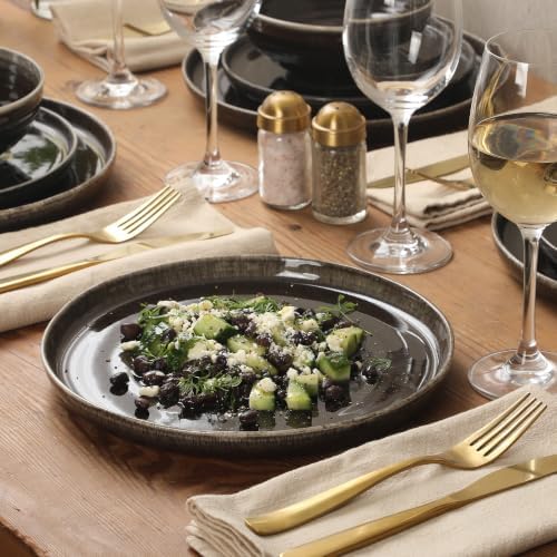 Gibson Elite Eclipse Swirls Plates and Bowls Sets, 12-Piece Stoneware Dinnerware Sets, Reactive Glaze Dish Set - Black - Image 7
