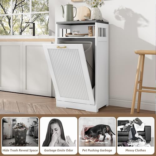 Pet-Proof Single 13 Gallon Tilt Out Trash Can Cabinet with Open Storage – Hide Garbage & Recycling Bins to Keep Your Kitchen Clean and Organized,White - Image 6