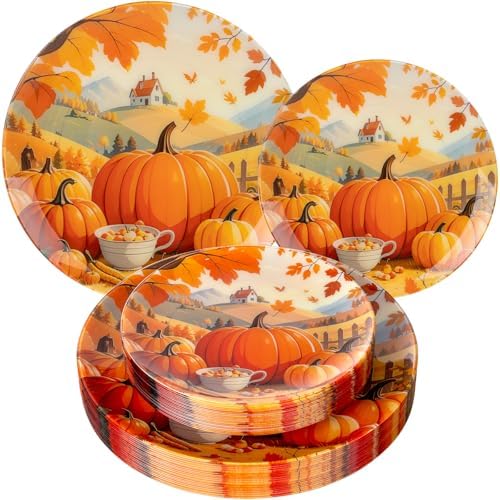 60PCS Thanksgiving Plastic Plates - Heavy Duty Fall Plastic Plates - Pumpkin Disposable Plates Include 30 Dinner & 30 Dessert Plate for Friendsgiving Party Holiday by Joyido