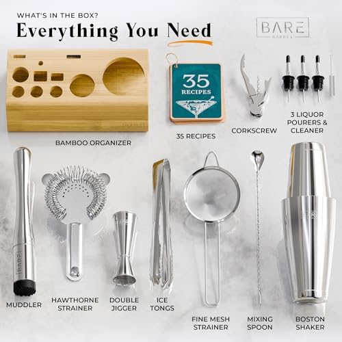 BARE BARREL® Mixology Bartender Kit Bar Set | 14-Piece Cocktail Shaker Set | Martini Barware Mixing Tools for Home Bartending | Incl. 35 Recipe Cards | Gift Set (28oz Boston Shaker, Silver/Natural) - Image 4