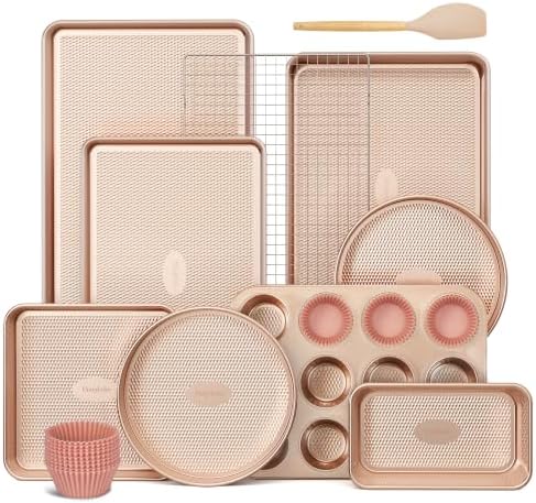HONGBAKE 22-Piece Baking Pans Set Nonstick, Stackable Non Toxic Bakeware Sets with Diamond Texture, Oven Pan Set for Cooking, Includes Cookie Sheet with Rack, Cake Pan, Roasting Pan, Muffin Tin, Gold by HONGBAKE