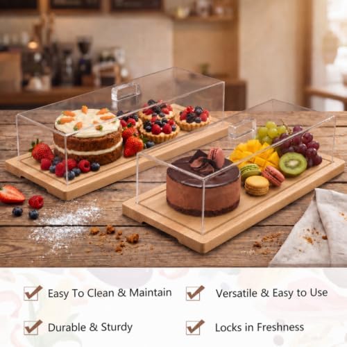 Mifoci 2 Pack Natural Wood Color Cake Stand Serving Tray with Acrylic Lid, 15 x 6 x 4 Inches Charcuterie Table Display Set, Dessert Serving Tray Set for Bakery, Buffet, Home Party & Restaurant - Image 4