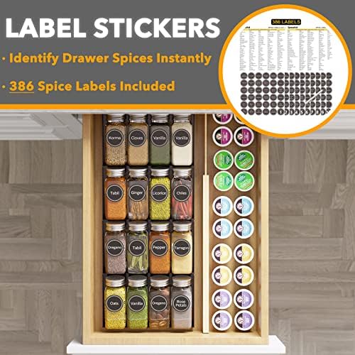 SpaceAid Spice Drawer Organizer with 16 Spice Jars, 386 Spice Labels, 4 Tier Seasoning Rack Tray Insert for Kitchen Drawers, 7.5" Wide x 17.5" Deep - Image 3