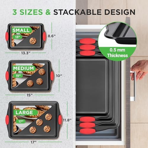 NutriChef 3-Piece Cookie Sheets for Baking, Non-Stick Baking Pans Set with Silicone Handles, Stackable Oven Trays in Small, Medium & Large Sizes for Professional and Everyday Use, 2026 Edition - Image 2