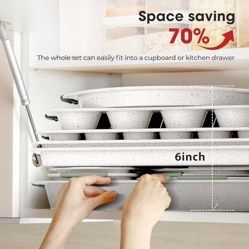 11-Piece Non-Toxic Baking Set, Stackable Nonstick Cookware, White&Green - Image 4