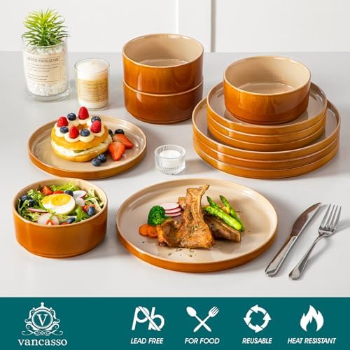 vancasso ONION Ceramic Plates and Bowls Sets, 12 Pieces Brown Dinnerware Sets for Kitchen, Reactive Glaze Dishes Set for 4, Dishwasher and Microwave Safe - Image 3