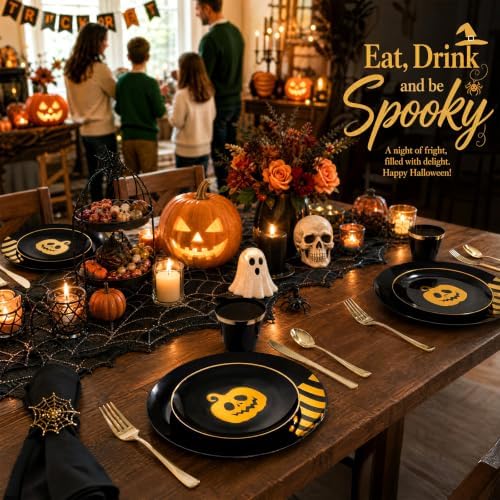KIRE 25 Guest Halloween Plates Black Gold Plastic Plates Smiley Pumpkin include 50PCS Black &150PCS Gold Plastic Silverware&25PCS Clear Black Cups for Halloween Party - Image 4