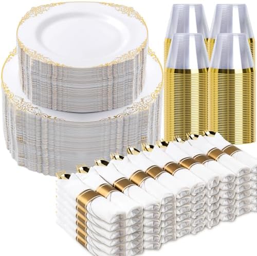 Bestluck 700PCS Gold Disposable Dinnerware for 100 Guests by Bestluck