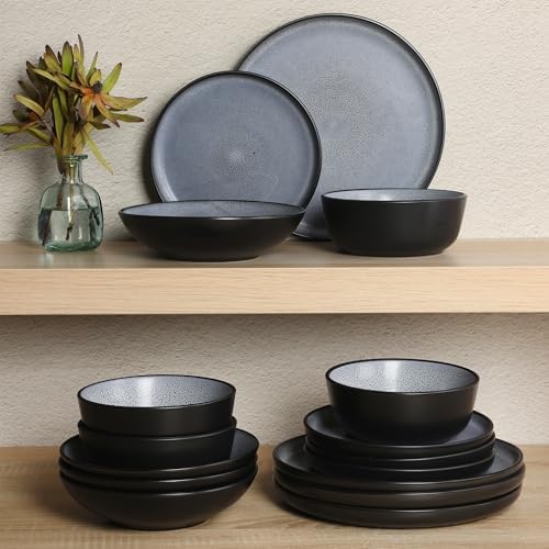 Gibson Elite Tribeca Loft 16-Piece Dinnerware Set – Matte Black and Blue Reactive Glaze Stoneware, Double Bowl Round Plates and Bowls – Modern Rustic Dinnerware for 4, Dishwasher & Microwave Safe - Image 6