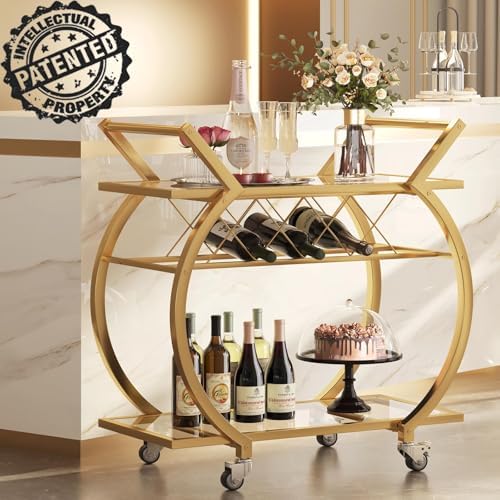 LVB Gold Bar Cart with Glass, Bar Cart with Wheels, Wine Cart with Storage - Image 3