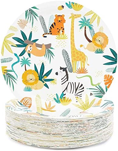 BLUE PANDA Jungle Party Plates - Safari Animal Paper Plates - 9-Inch Blue, Pack of 80 - Disposable Dessert & Cake Serveware for Zoo Theme by BluePanda