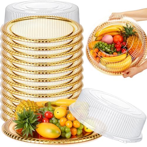 Nitial 12 Pcs Plastic Serving Trays with Lids, Round, Gold, 18 Inches by Nitial