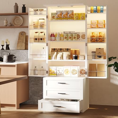FJTJBSI 72" LED Kitchen Pantry Cabinet with 3 Drawers Farmhouse Tall Storage Cabinet Wood Food Pantry with Barn Doors and Adjustable Shelves Versatile Storage Freestanding Cupboard for Kitchen - Image 7
