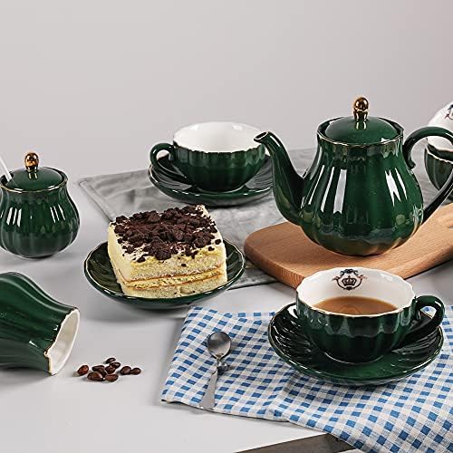 Sweejar Home Porcelain Tea Sets British Royal Series, 8 OZ Cups& Saucer Service for 6, with Teapot Sugar Bowl Cream Pitcher Teaspoons and Tea Strainer, Suitable for High Tea, Wedding, Party (Jade) - Image 6