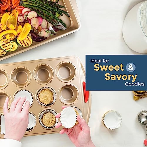 Perlli 10 Piece Baking Set - Nonstick Gold Steel Oven Bakeware With Silicone Handles, Cookie Sheets, Round Cake Pans, 9x13 Pan With Lid, Loaf Pan, Deep Pan, Pizza Crisper, Muffin Pan - Image 6