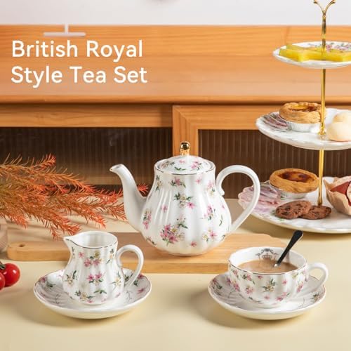 Porcelain Tea Sets British Royal Series, 8 OZ Cups & Saucer Service for 6, with Teapot Sugar Bowl Cream Pitcher Teaspoons and Tea Strainer, Suitable for High Tea, Wedding, Party（Spring Flowers） - Image 2