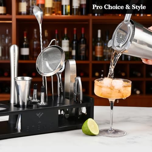 ETENS Cocktail Shaker Set Drink Mixer Bar Accessories – 15Pcs Mixology Bartender Kit Includes Boston Shaker, Japanese Jigger, Strainer, Bottle Opener, Cocktail Mixing Spoon – Handcrafted Wood Stand - Image 3