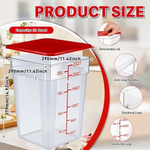 2 Pack Square Food Storage Container With Lid,12-22 Quart Commercial Storage Box With Scale & Handle,Cake Making,Dough Marinating Meat,Kitchen Supplies (Polycarbonate, 22 Quart) - Image 2