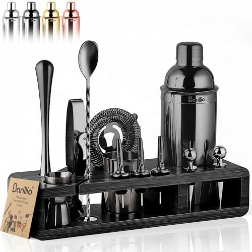 Barillio Black Bartender Kit - Stainless-Steel Cocktail Shaker Set w/Black Bamboo Stand - Mixology Bar Tools w/Drink Shaker, Mixer and Muddler for Cocktails - Home Bar Accessories - 23-Pc Bar Set by Barillio