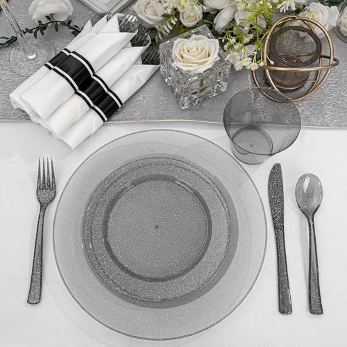 DaYammi 210PCS Black Glitter Plastic Dinnerware Set for 30 Guests - Image 3